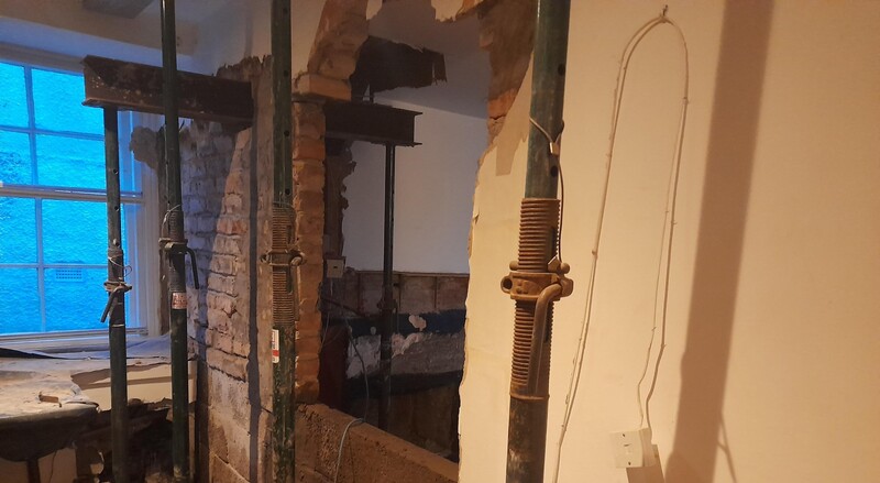 Support and rebuilding of the dividing wall between the policyholder’s bathroom & kitchen, during oil spill response, clean up, remediation and reinstatement works by CTSL Spill Specialists in Scotland