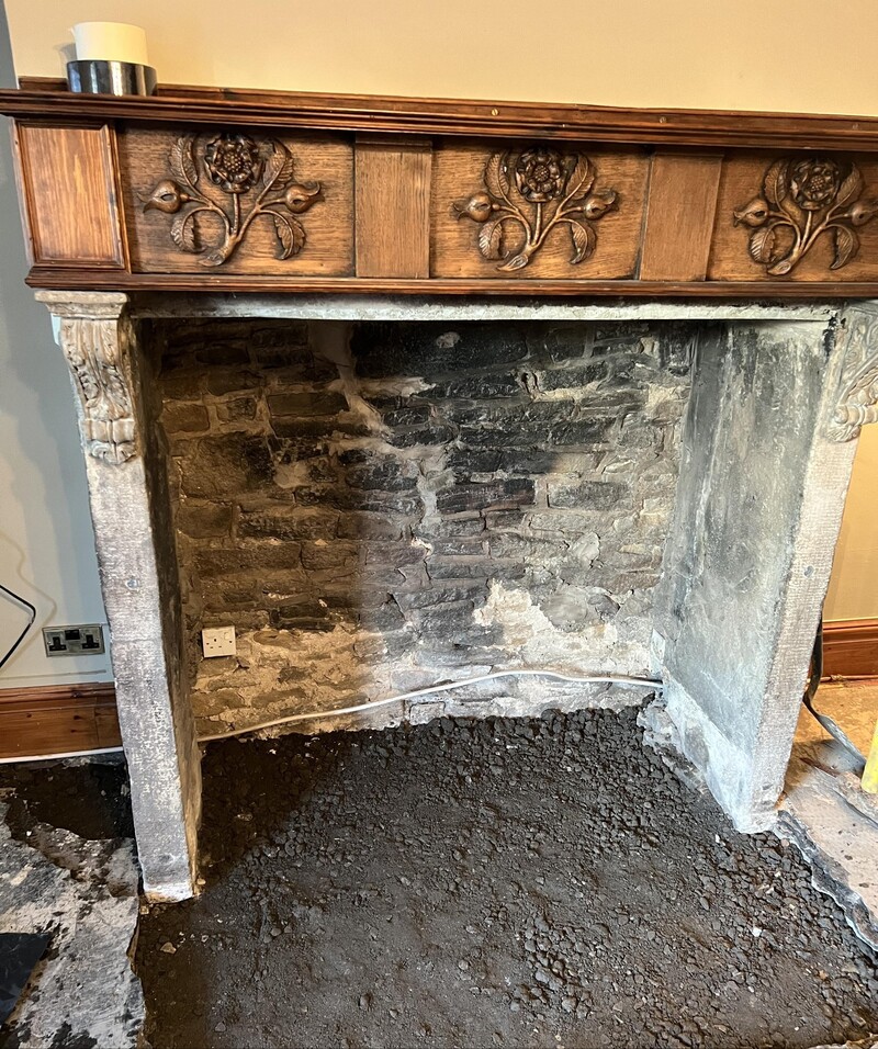 A new, clean foundation is laid following remediation and prior to rebuilding of the fireplace hearth by our CTSL Spill Specialists building team in Lancashire, England